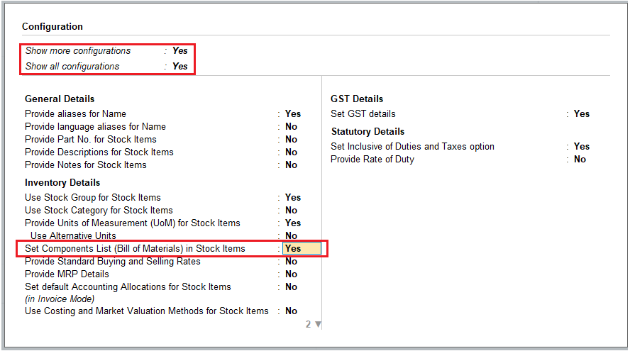 Setup Bill of Materials (BOM) using TallyPrime